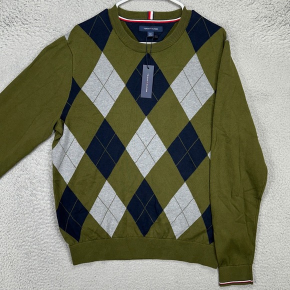 Tommy‎ Hilfiger Mens Crewneck Sweater Large Green Blue Argyle Long Sleeve NEW - Picture 1 of 9